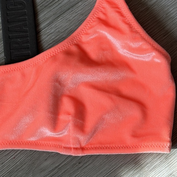 Coral orange velvet slight dip neck line swimsuit set. - Picture 12 of 16